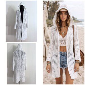 EUC TSE Cotton White Knit Longline Hoodie Hooded Cardigan M